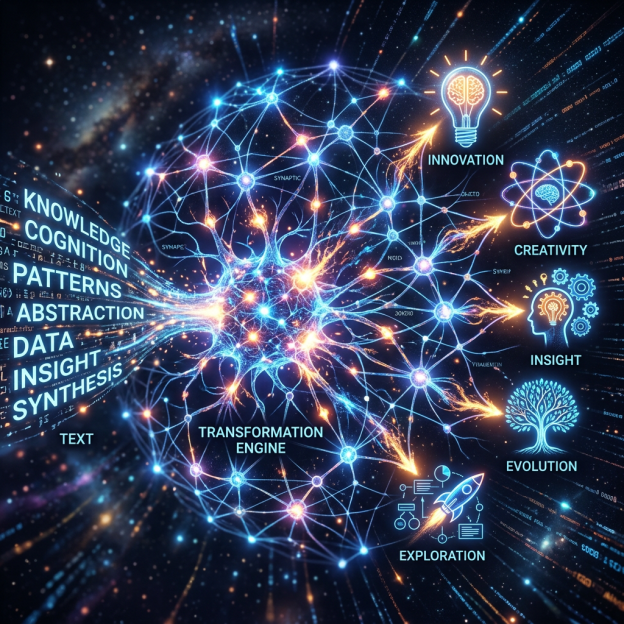 Neural network nodes processing data leading to innovation, creativity, insight, evolution, and exploration