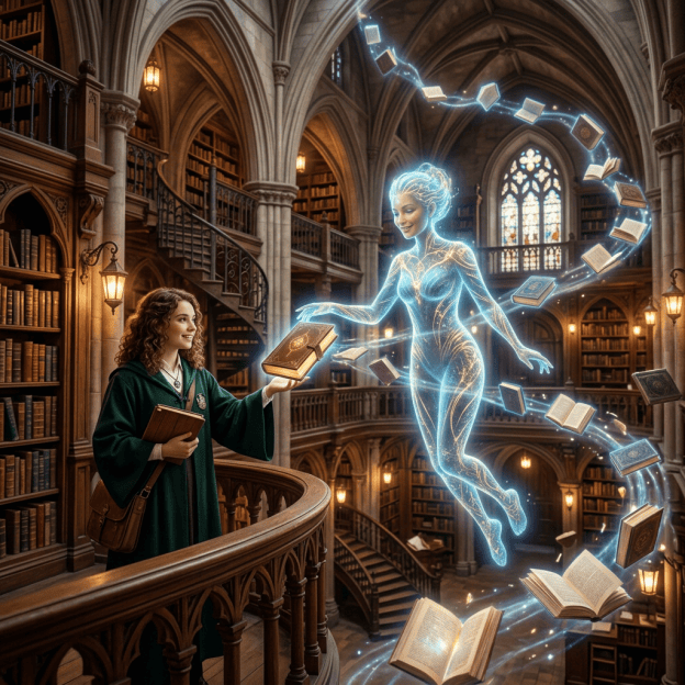 Young wizard handing a book to a glowing magical figure surrounded by floating books in a grand library