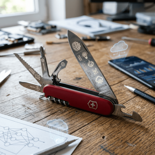 Swiss Army knife with AI and technology icons engraved on open blades
