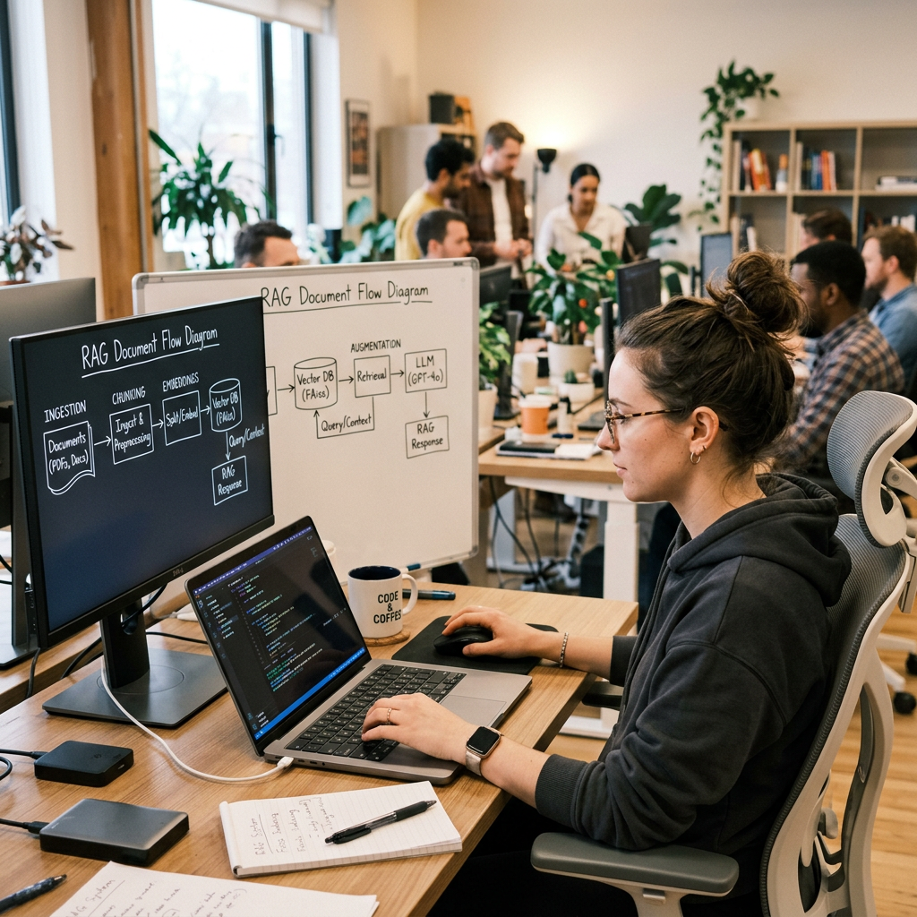 Woman coding on laptop with RAG document flow diagram on screen and whiteboard, colleagues working in background