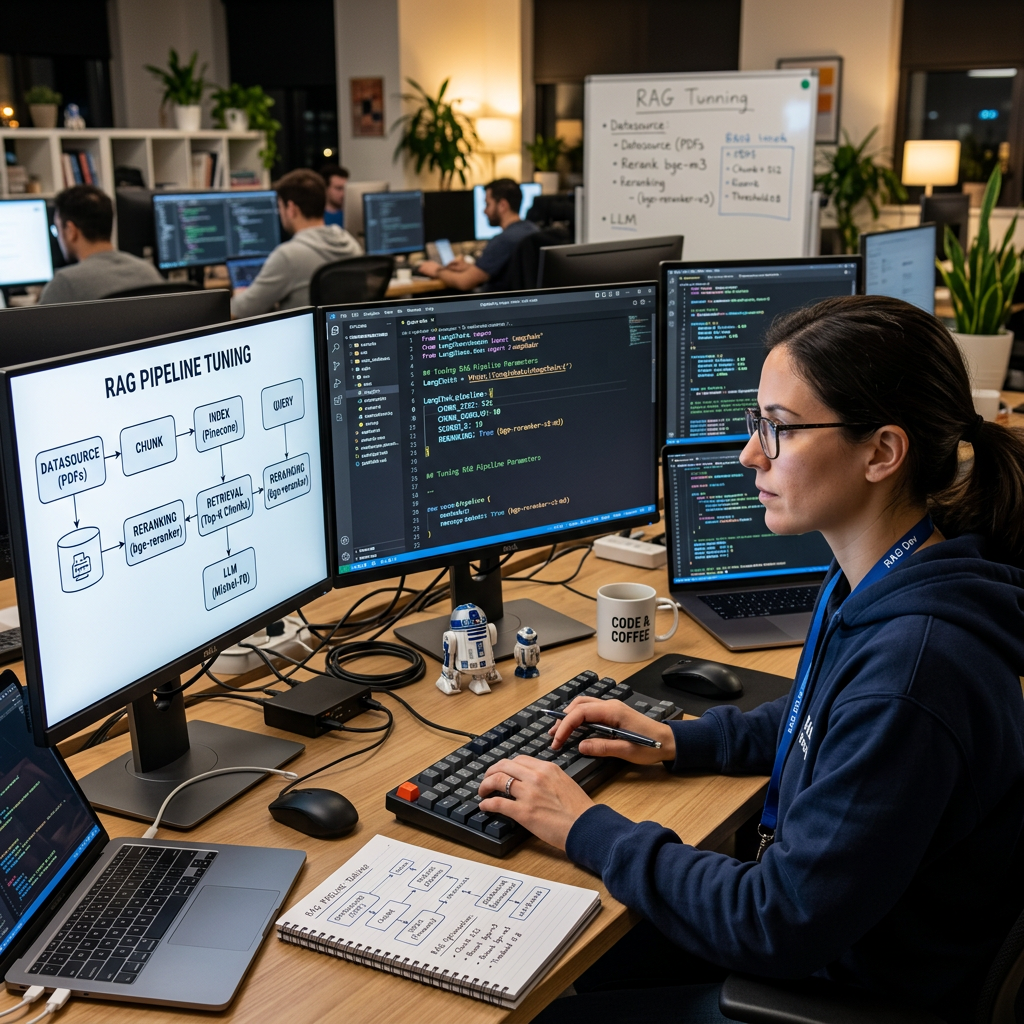 Software engineer programming and tuning RAG pipeline on multiple screens
